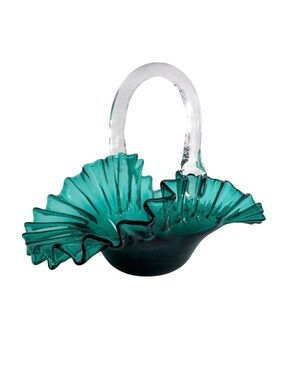 Blenko Handcrafted 2002 Emerald Green Art Glass Basket #2010 Signed USA